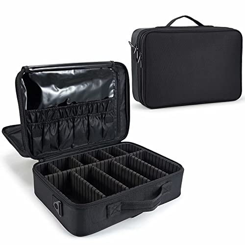 Image of Nylon Travel Makeup Case, Professional Cosmetic Train Cases Artist Storage Bag Make Up Tool Boxes Brushes Bags with Compartments Vanity Organizer (16 INCH(2 Layer), Black)