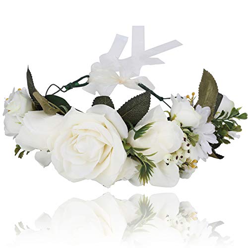 AWAYTR Couronne de fleurs Bandeau Coiffure de festival - Fait main Fleur Couronne de cheveux avec ruban Baie Bandeau de fleurs pour femmes et filles Robe (Beige) Cover