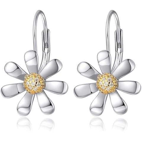 YZSFMZGE Daisy Earrings 925 Sterling Silver Leverback Drop Dangle Earrings for Women 18K White Gold Plated Hypoallergenic Cubic Zircon Daisy Flower Earrings Jewelry Gifts for Sensitive Ears Cover
