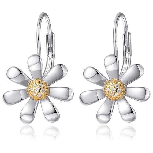 Daisy Earrings 925 Sterling Silver Leverback Drop Dangle Earrings for Women 18K White Gold Plated Hypoallergenic Cubic Zircon Daisy Flower Earrings Jewelry Gifts for Sensitive Ears - Main Image