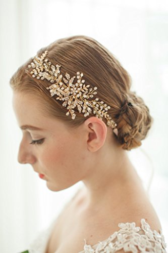 Meiysh Gold Leaf Themed Crystal Pearl Bridal Party tie Headband Wedding Hair Accessory