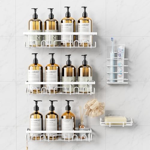 Deyhoc Shower Caddy 5 Pack Shower Shelves for Inside Bathroom Rustproof Adhesive Bathroom Organizer with Soap Holder No Drilling Washroom Organizers and Storage for Bathtub Room/Kitchen/Home White