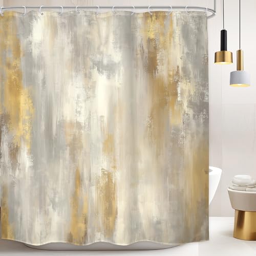 LGhtyro Abstract White and Gold Shower Curtain Bathroom Set 71Wx71H Inches Modern Marble Boho Ombre Minimalist Retro Vintage Oil Painting Bath Accessories Aesthetic Art Home Decor Fabric 12 Pack Hooks