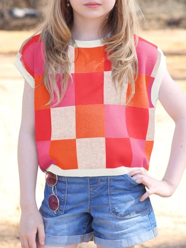 Image of Haloumoning Girls Summer Crop Tops Color Block Vest Cute Tanks Cap Sleeve Tee Loose Kids Knit Top 5-14 Years