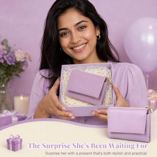 Image of PALAY Wallet for Woman Purple Leather Mini Purse Blocking Trifold Small Wallet with ID Window and Zipper Coin Pocket Casual Pure Color Coin Purse for womenfor Everyday Use