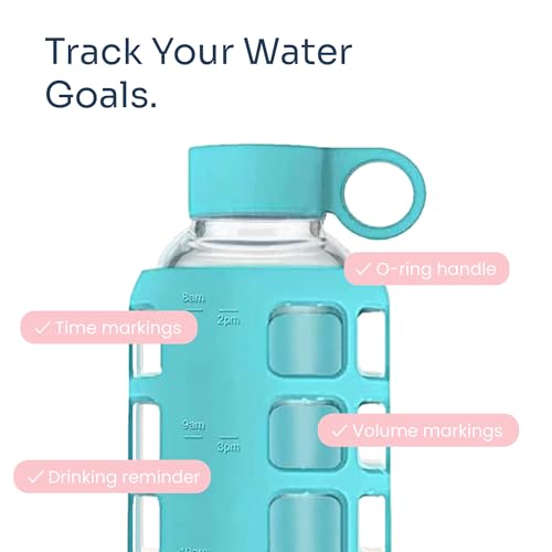 purifyou 40oz / 32oz / 22oz / 12oz Borosilicate Glass Water Bottle with Time & Volume Markers, Silicone Sleeve, Stainless Steel Lid | Reusable Glass Bottle for Water & Juice (32oz Aqua Blue)