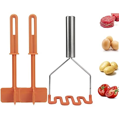 Kmass Kmax 3pack Stainless Steel,Heavy Duty Silicone Potatoes Masher, Non-Scratch Potato Masher Kitchen Tool with two Non-Stick Heat Resistant Meat Chopper Hamburger and Beef Chopper (orange) Cover
