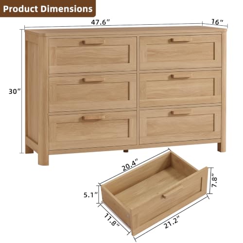 Image of Joaxswe Farmhouse 6 Drawer Dresser for Bedroom, Horizontal Dressers with 6 Deep Drawers & 4 Thickened Table Legs, Natural