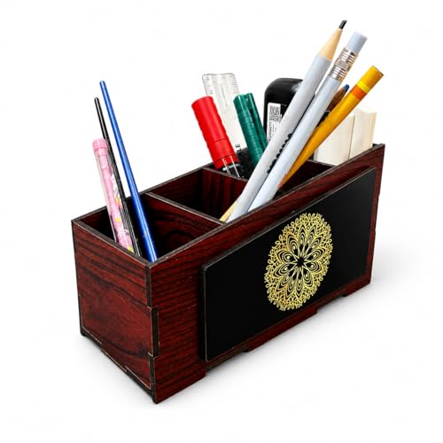 Image of Zesta Wooden Desk Organizer Pen Stand Remote Holder Card Slot | Table Accessory Office Desk Study Room | Pencil Storage Stand Stylish Workspace Decor (Pen Holder with Mandala Print)