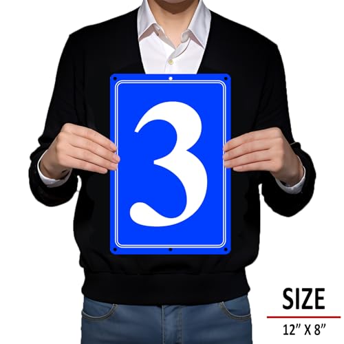 Image of Premium Aluminum Number Signs 3, Metal 12 inch X 8 inch Blue Numbered Signs Outdoor for Parking Lots, Floor, Dock, Court, Aisle, Field, High Visibility, No Fade, Weather-resistant