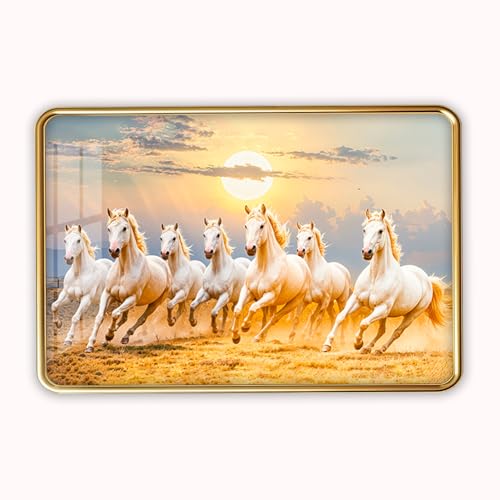 Image of Dharvika Innovations 7 Running Horses Photo Frame, Ultra High Gloss Lamination, Vastu Painting for Living Room, Office, 12x18 Inch (Design 15)