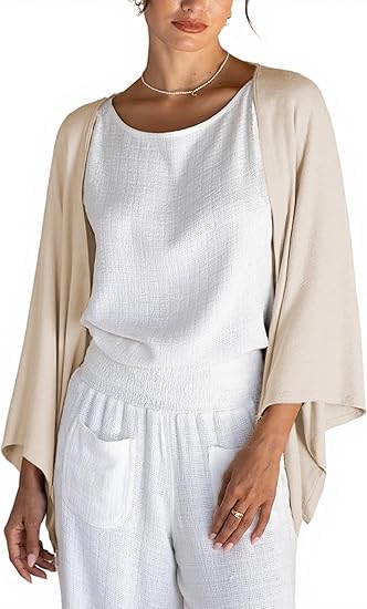 Women's Linen Cardigan 3/4 Sleeve Open Front Loose Cover Ups Lightweight Shrug