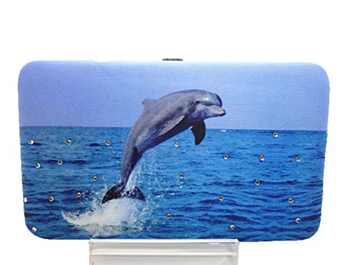 PHOTO PRINT & RHINESTONES DESIGNS FLAT FRAME WALLET WITH CARD SLOTS PUPPY LOVERS DOLPHIN PEACE LOGO