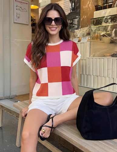 Image of ZESICA Women's Summer Trendy Knit Top 2026 Floral Print Short Sleeve Crewneck Loose Fit Sweater Vest Going Out Clothes
