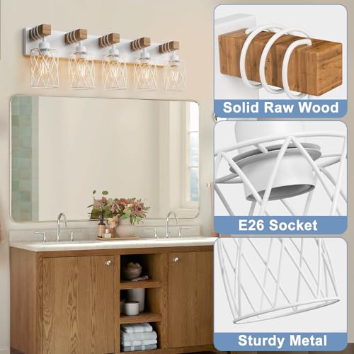 Image of IZORRO Farmhouse Bathroom Vanity Light, 5-Light Wood Bathroom Light Fixtures Over Mirror, Matte White Industrial Vanity Lights with Metal Shade, Rustic Restroom Lighting Fixtures