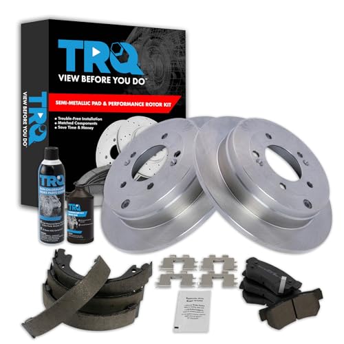 Image of TRQ Rear Brake Pad & Rotor Kit, with Chemical Kit Parking Brake Shoe Set Semi-Metallic Compatible with 2006-2009 Hyundai Azera