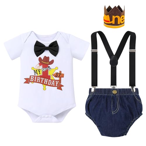 IBTOM CASTLE My First Rodeo Outfit Boys Cowboy Romper Shorts Bow Tie Suspenders Crown Cake Smash One Party Clothes Set2