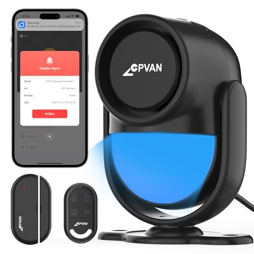 CPVAN WiFi Alarmanlage Haus mit PIR-Bewegungsmelder, Drahtloses DIY Smart-Alarmset mit Tür-/Fenstersensoren für Sicherheit – Lokalaler Alarm & App-Benachrichtigung, Schwarz