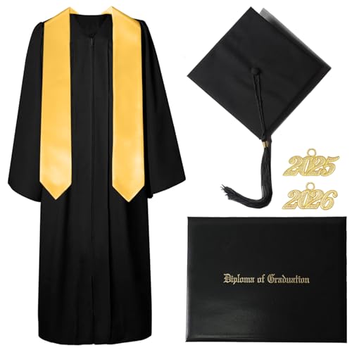 GAMYPET 2026 Black Graduation Cap & Gown Set with Stole & Holder