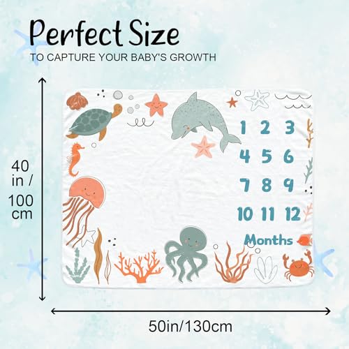 Image of Ocean Baby Monthly Blanket for Girls, Newborn Month Blanket, Soft Flannel Photography Background Prop, Personalized Shower Gift, Ocean
