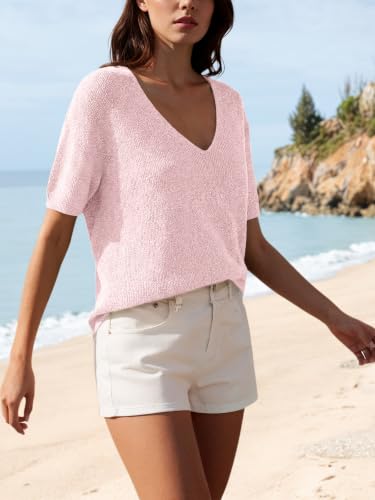 Image of Saodimallsu Womens Short Sleeve Sweater Summer V Neck Casual Tops Lightweight Loose Knit Pullover Shirts