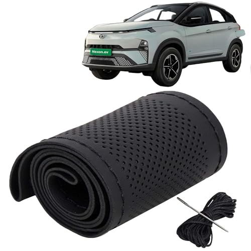 Image of KINGSWAY PU Leatherite Car Steering Cover Sewable Compatible with Tata Nexon EV (Year 2023 Onwards), Black Color with Black Thread, Pack of 1 with Sewing Needle and Thread