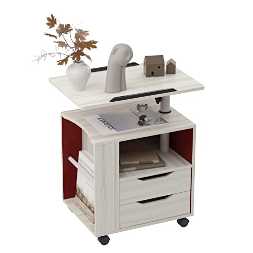 DlandHome Nachttisch mit Rollen, Beistelltisch mit 2 Schubladen, Nachttisch, Aufbewahrungsschrank mit Oberplatte, 360 Grad drehbar, Ahorn