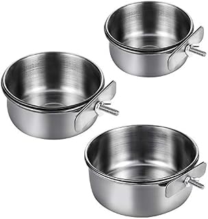 Firtink 3 Pieces Bird Feeding Dish Cups Set, Stainless Steel Parrot Feeding Cups Animal Cage Water Food Bowl Bird Cage Cups Holder with Clamp Holder for Bird Parrot Water Food Dish Feeder(S/M/L)