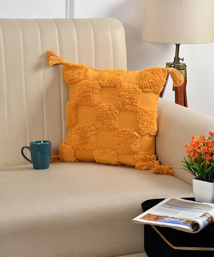 Image of TIB Premium Boho Decorative Throw Cushion Covers, 16 x 16 cm, Set of 2, Cotton. (Mustard Checks)-230 TC