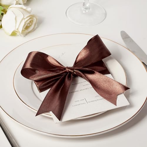 Image of Mauproy 1-1 /2 Inch Wide Brown Satin Ribbon, 50 Yards Solid Polyester Fabric Ribbon for Roses Making, Gift Wrapping, Flower Bouquets, Wedding Decorations, Handmade Crafts