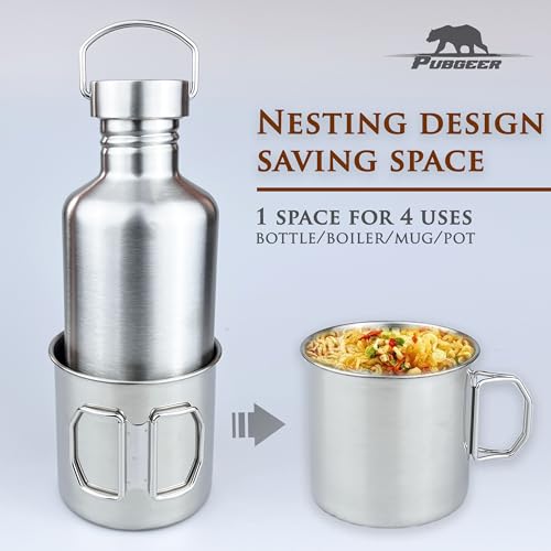 Canteen 42oz Single Wall Water Bottle with 24oz Nested Camping Cup and Carrier Bag, Stainless Steel,