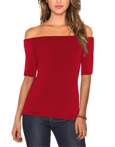 Image of Sarin Mathews Women's Sexy Off The Shoulder Tops Long Sleeve Slim Fit Stretchy Shirts Blouses Top