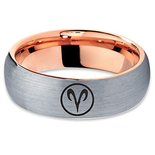 Horoscope Zodiac Astrology Aries Ring - Tungsten Band 8mm - Men - Women - 18k Rose Gold Step Bevel Edge - Yellow - Grey - Blue - Black - Brushed - Polished - Wedding -Dome Flat Cut2