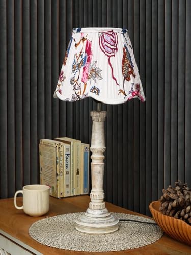 Image of Green Girgit Wooden Distress White Empire Lamp with Pleeted Multicolor Red Floral Lotus Shape Lamp Shade