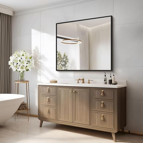 Image of COFENY Black Bathroom Mirror for Wall, 30x30 Inch Rectangle Mirrors with Metal Frame, Modern Vanity Wall Square Mirror for Bathroom Living Room, Entryway Hangs Horizontal or Vertical