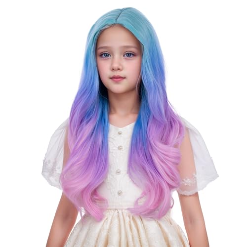Image of Rainbow Wig for Kids Girls Long Colorful Wavy Curly Wig Children Multi Color Middle Part Wigs Heat Resistant Synthetic Wigs with Cap