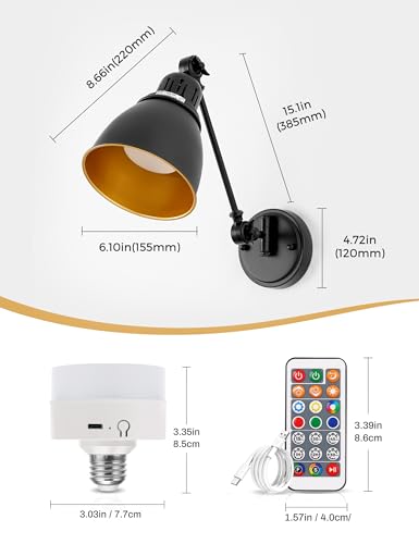 Image of DORESshop Wall Sconces Set of 2, Rechargeable Wall Lights with 350 Rotation, Dimmable Battery Operated Wall Sconce, Wireless Wall Mount Light for Bedroom, Living Room(2 Pack Gold and Black)