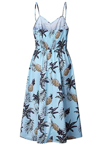 Image of YMING Womens Summer Spaghetti Strap Dresses Button Down Floral Sundress High Waist Swing Midi Dress with Pockets
