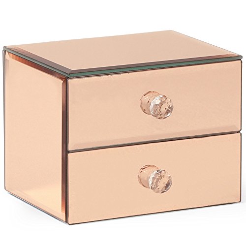 Beautify Mirrored Rose Gold Glass Fashion Jewelry Organizer Storage Box with 2 Drawers, Velvet Lining and Glass Cleaning Cloth 5.9" x 5.3" x 4.7” Inches