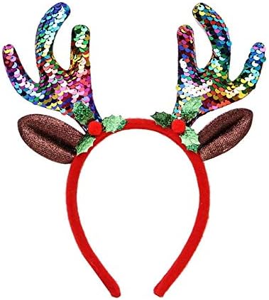 Girls Adults Colourful Rainbow Sequin Headband Reindeer Antlers Christmas Deer Ears Headbopper