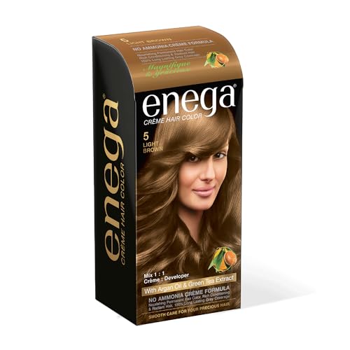 Image of Enega No Ammonia Grey Coverage Long Lasting Creme Hair Color with Argan Oil & Green Tea Extract - Pack of 1(150 ML) (Light Brown)