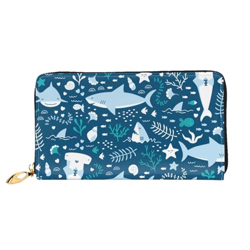 Leather Wallet For Women And Men Cute Sharks And Sea Plants Clutch Purse Wristlet Bag Credit Card Holder Wallet