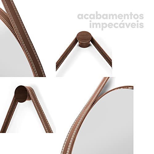 Espelho Decorativo Redondo 50cm Adnet Suspenso C/ Alça Couro Café