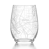Well Told Engraved Dallas Texas Map Stemless Wine Glass, Etched Glass (15 oz, Clear) City Custom Gifts for Lovers