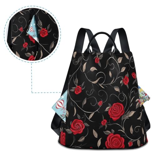 Image of ALAZA Red Rose on Black Trips Hiking Camping Rucksack Pack for Women