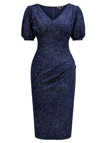 Image of Miusol Women's Retro V-Neck Elegant Glitter Wrap Ruched Puff Sleeve Cocktail Party Dress