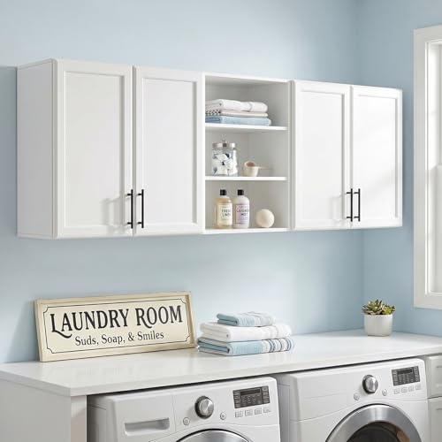 NEWOWNDS Laundry Wall Mounted Cabinets Shaker Wall Cabinets for Kitchen Floating Hanging Storage Cabinet with Adjustable Shelf for Laundry Room Bathroom Kitchen 62.8 W x 12 D x 21.7 H
