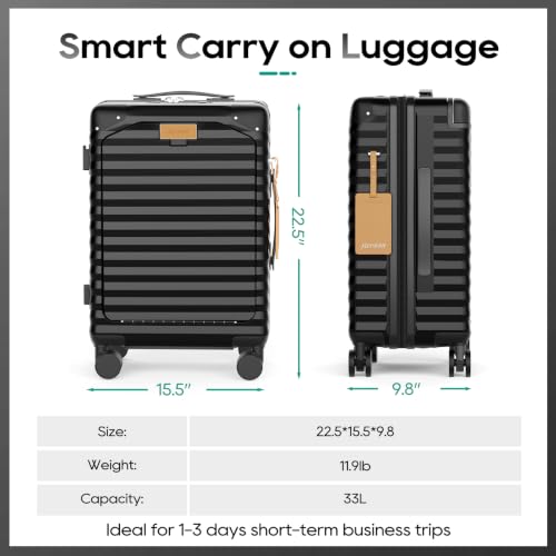Image of Joyway 20 Inch Carry on Luggage with Front Pocket, PC Hardshell Carry-on Suitcase with USB Port and Cup Holder, 21.5x14.2x9 Airline Approved, Luggage with Spinner Wheels and TSA Lock (Black)