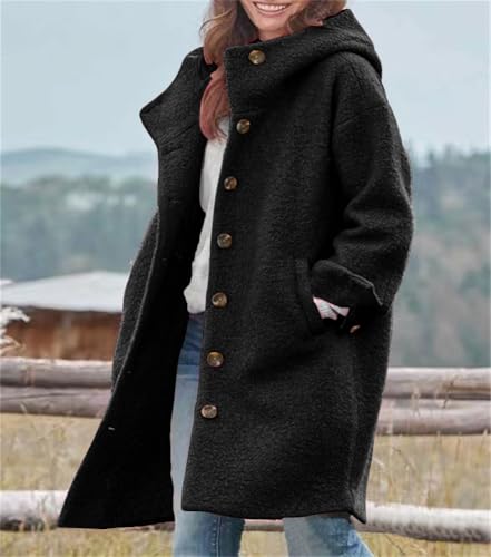 Image of chouyatou Women's Winter Single Breasted Long Wool Coat with Hood Casual Wool Blend Trench Coat Jacket