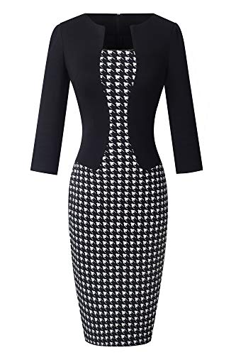 HOMEYEE Damen 3/4 Arm Business Stretch Kleid B237 (EU 40 = Size L, Houndstooth)